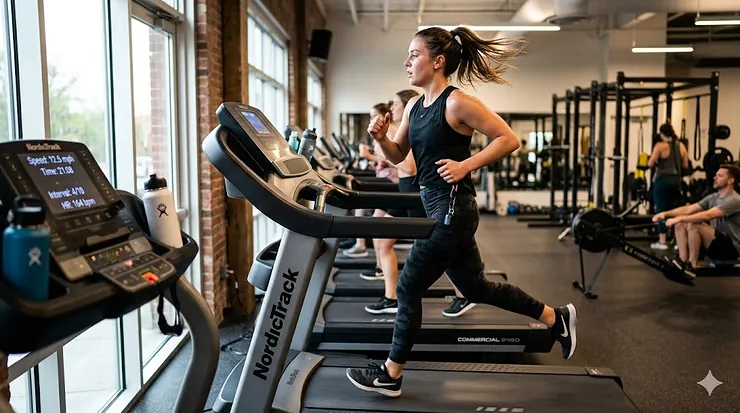 Athletic man and woman sprinting intently on a treadmill for HIIT workouts in a modern gym.