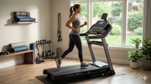 A runner exercising on a high-quality folding treadmill under $1000 in a modern home gym setup.