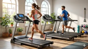 Close-up illustration of an entry-level treadmill console showing digital readouts for speed, distance, calories burned, and heart rate.