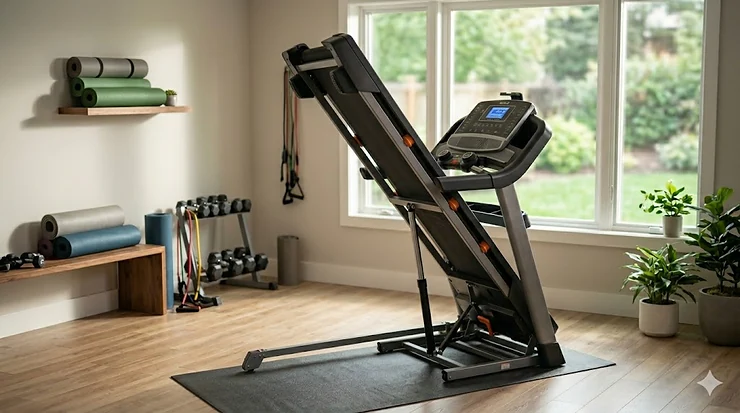 A compact treadmill under $1000 being folded up easily using its hydraulic lift assist feature to save floor space.