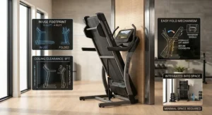 An illustration of a space-saving, foldable steep incline treadmill positioned neatly in a modern home gym setup.
