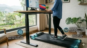 A slim under desk treadmill pad being rolled away and stored vertically against a wall in a compact apartment workspace.