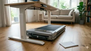 An illustration demonstrating the space-saving storage of a compact under-desk treadmill folded flat beneath a standing desk.