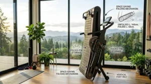 A compact manual incline treadmill folded vertically and stored neatly against a wall.
