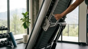 A high-end folding mechanical deck structure of a premium space-saving treadmill over $3000 being raised easily with hydraulic assist.