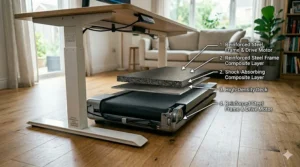An illustrative breakdown of the durable frame and shock-absorbing layers of a heavy-duty office treadmill desk.