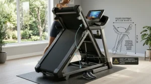 A side profile view of a sturdy steel frame home gym treadmill under 2000 built for durability and higher weight capacity users.
