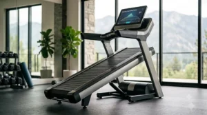 A high-end incline trainer treadmill over $3000 positioned at a steep forty percent grade for intense mountain hiking simulation.