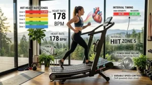 A fitness chart mapping out target heart rate zones during a high-intensity interval training session on a manual incline treadmill.
