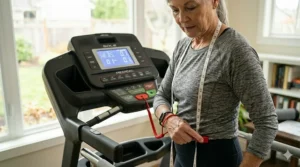 An image focusing on a user's legs and feet during gait rehabilitation on the treadmill, with a diagram on the screen explaining posture optimization and improvement.