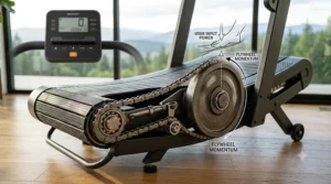 Diagram showing the internal flywheel mechanism that powers a manual incline treadmill using user foot motion.