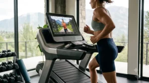 Runner streaming a live studio fitness class on a high-tech smart treadmill over $3000 with built-in soundbar speakers.