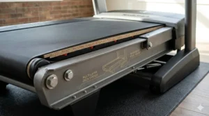 Sturdy steel frame and spacious deck construction of a durable treadmill for long distance running.