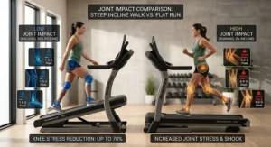 A visual diagram showing how a steep incline treadmill provides low-impact cardio that reduces joint stress on knees and ankles.