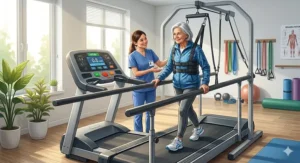 Diagram highlighting the ultra-low step-up height feature on a rehabilitation treadmill for seniors to prevent tripping.