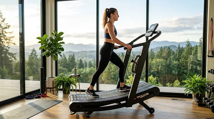 A runner training on a premium manual incline treadmill inside a brightly lit home gym.