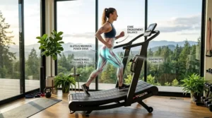 An anatomical graphic highlighting glute and hamstring activation while running on a manual incline treadmill.