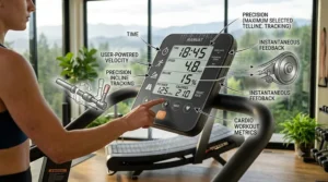 Close-up of an LCD digital console tracking workout metrics on a manual incline treadmill.