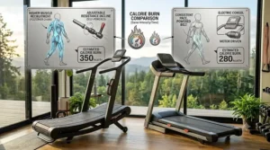 An infographic comparing the calorie burn rate of a self-powered manual incline treadmill versus a motorized version.