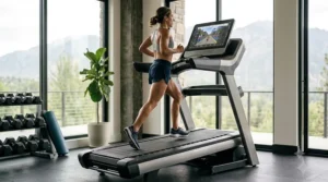 An athlete running long-distance endurance intervals on a high-performance folding treadmill over $3000 with advanced deck cushioning.