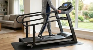 Illustration of a home medical exercise treadmill featuring extended, full-length safety handrails for balance support.