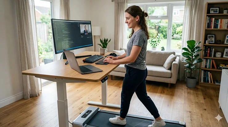 A professional working on a laptop at a height-adjustable standing desk with a sleek office treadmill desk underneath in a bright workspace.
