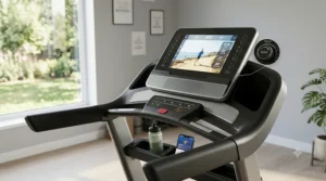 A runner training on a NordicTrack Commercial 1750 model, a popular high-spec treadmill under 2000 dollars with a tiltable screen.