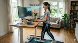 An ergonomic posture guide diagram illustrating the correct screen height and elbow angles for using an office treadmill desk safely.