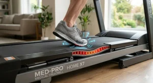 Diagram showing the advanced orthopedic cushioning and shock absorption layers of a medical grade home treadmill.