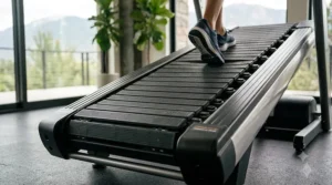Close-up view of a heavy-duty rubberized slat belt on a manual motorized hybrid treadmill over $3000 for shock absorption.