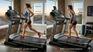 Diagram showing proper form and posture while using a treadmill for long distance running.
