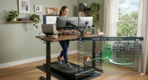 Decibel comparison chart showing the quiet motor operation of a treadmill desk compared to normal office noise.