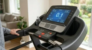 Close-up of a medical rehab treadmill monitor displaying a slow, precise starting speed of zero point one miles per hour.