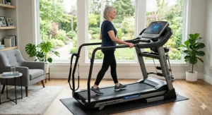 An elderly individual safely walking on a high-stability medical grade treadmill inside their house.
