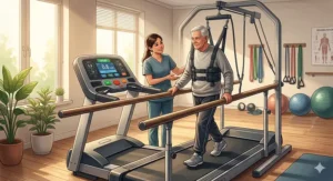 Illustration showcasing extended full-length safety handrails on a specialized rehabilitation treadmill for seniors.