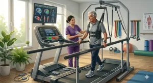 Infographic illustration showing the health benefits and recovery milestones of using a rehabilitation treadmill for seniors over twelve weeks.