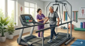 Detailed cross-section illustration of a cushioned, shock-absorbing orthopedic belt on a rehabilitation treadmill for seniors.