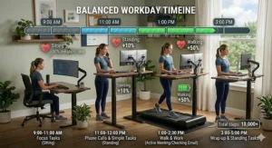 Timeline graphic outlining a balanced workday routine alternating between sitting, standing, and walking at a treadmill workstation.