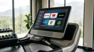 Premium touch screen console display on a luxury treadmill over $3000 showing streaming media apps and web browsing capabilities.