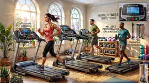A smartphone mounted on a treadmill tablet holder streaming an interactive workout class via Bluetooth sync.