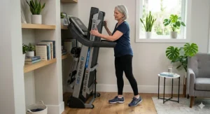 A compact, space-saving medical grade treadmill neatly folded and stored in a home apartment setup.