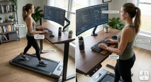 Ergonomic diagram showing correct posture and elbow angles while using a walking pad under a desk.