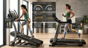 A bar chart comparing calories burned walking on a steep incline treadmill versus running on a flat surface over thirty minutes.