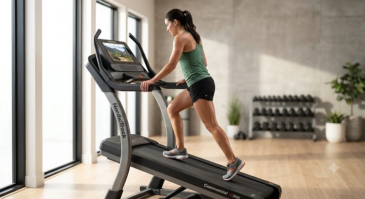 An athletic individual power walking on a steep incline treadmill set to a high slope during an intense home gym cardio workout.