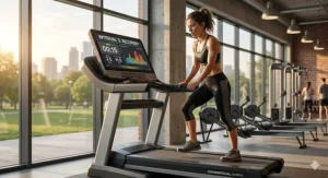 Digital display interface of a treadmill console tracking a custom high-intensity interval training program.