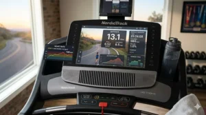 High-tech treadmill console with virtual running routes and distance tracking metrics for endurance runners.