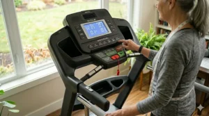 An illustration of the left side of a specialized physical therapy treadmill frame, with distinct horizontal support rails added above the standard handrails, as indicated by the diagram on the screen.