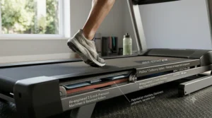 Close-up illustration of a flexible treadmill under 2000 belt suspension system designed to lower impact on knees and joints.