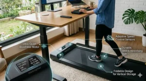 Infographic diagram highlighting key features of a treadmill desk for home office use including LED display, remote control, and quiet motor.