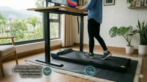 A heavy-duty rubber equipment mat placed underneath a home office walking pad treadmill to protect hardwood floors and reduce vibration noise.